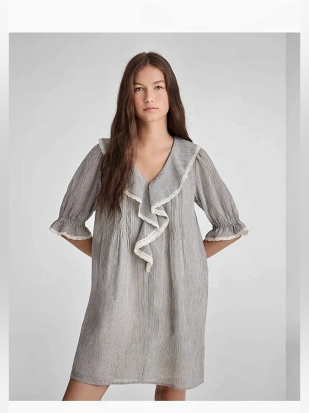 Madewell Mini Dress Striped Ruffle in Gray & White XL NWT